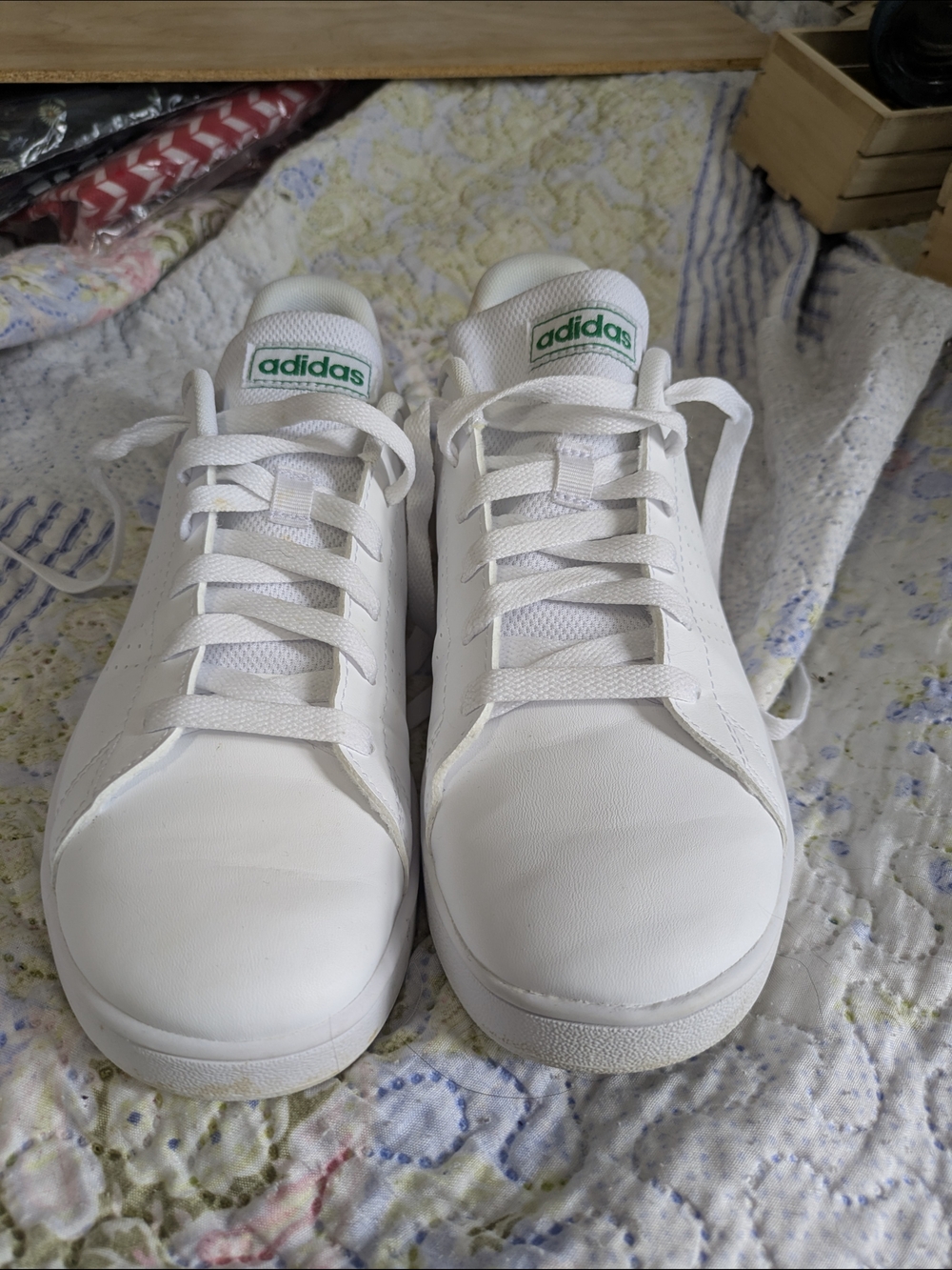 Adidas White Leather Low-Top Sneakers with Green Logo